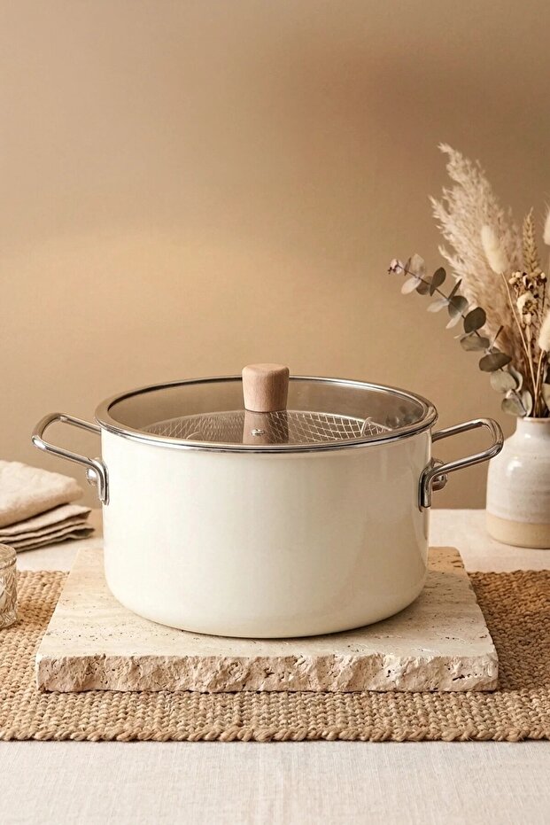 Titancook 22 cm Enamel Frying Pan with Stainless Steel Strainer, Glass Lid and Wooden Handle