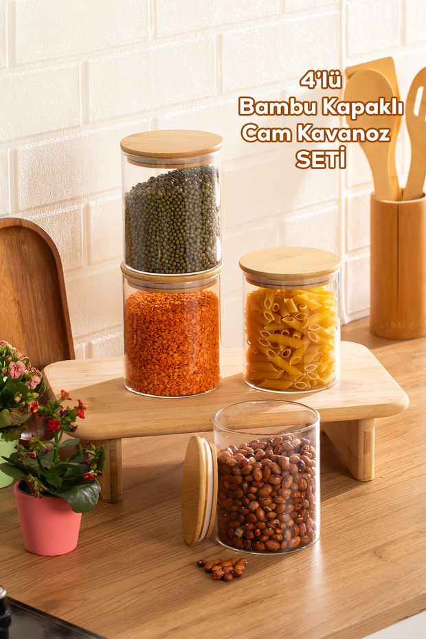 1-4 Bamboo Vacuum Lids Round Borosilicate Glass 4-Piece Jar Set Storage Container 750ml 10X12Cm