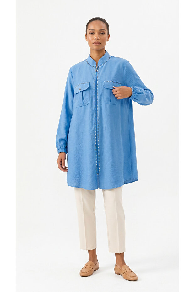 Button Detailed Long Hijab Shirt Tunic Green (Choose 1 Size Larger.)