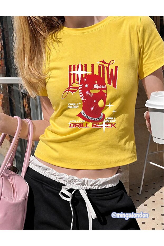 Hollow Music Printed Woven Fabric Yellow Color Crop