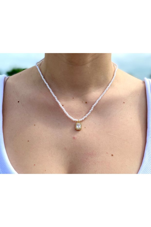 Minimal Pearl Baguette Dangle Steel Necklace