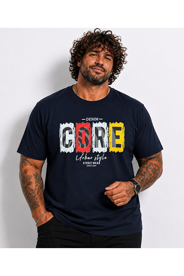 Men's Large Size Crew Neck T-Shirt Core 26138 Navy Blue