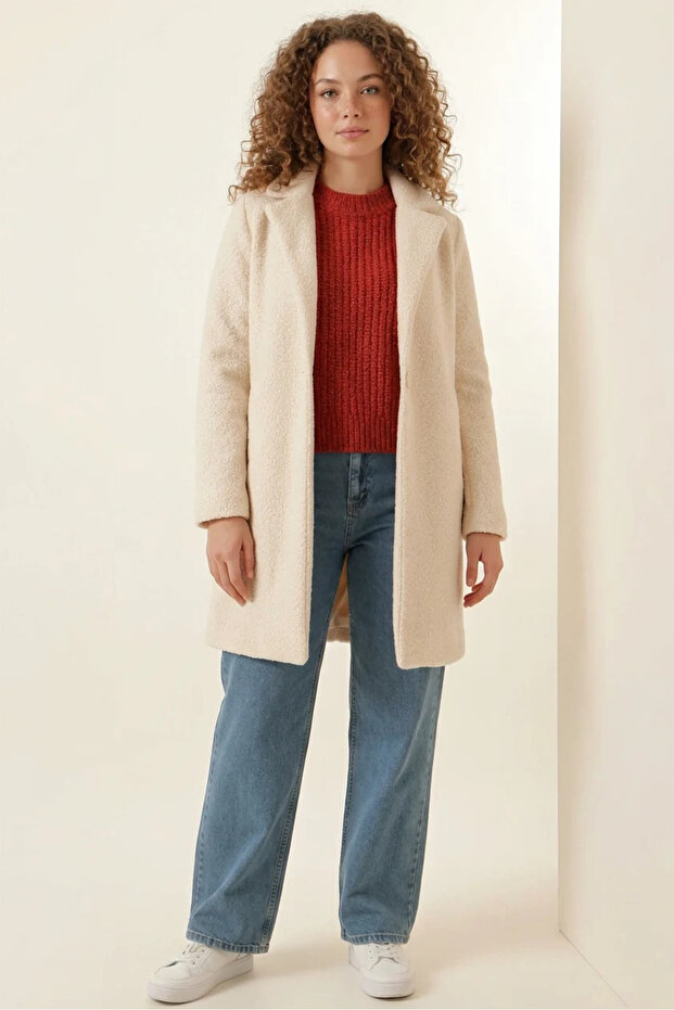 Women's Belted Collar Oversize Cashmere Cream Coat