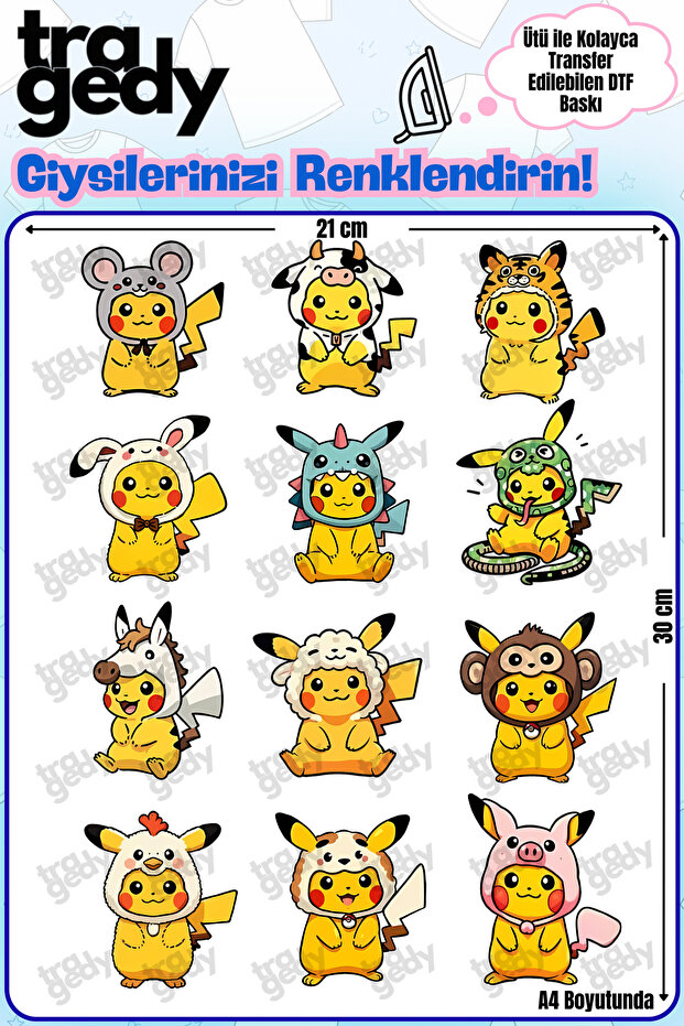 Pikachu - 1 Pokemon Design Dtf Print That Irons on Fabric in A4 Size