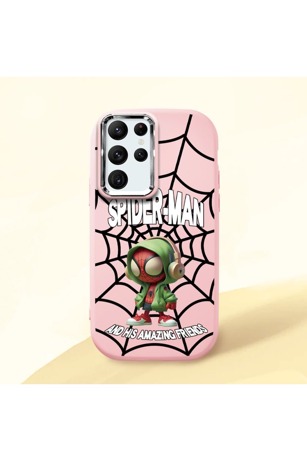 Samsung Galaxy S22 Ultra Compatible Case with Camera Protection Pink Silicone Couple Phone Case with Spiderman Pattern