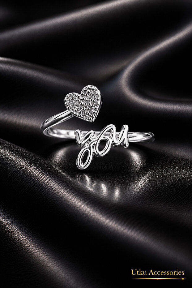 Adjustable Steel Ring with Love-Themed Heart and Love Inscription