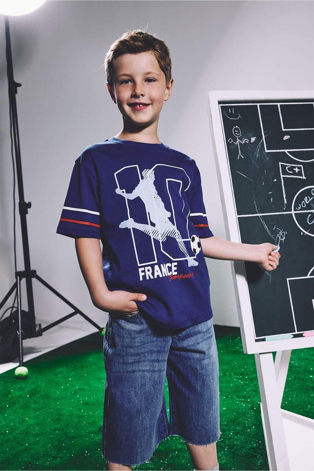 100% Cotton New Regular Fit Crew Neck Short Sleeve France Printed Blue T-Shirt for Boys H9748A826