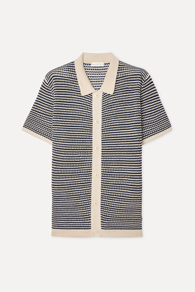 Men's Ecru Striped Polo Collar Short Sleeve Knit Sweater