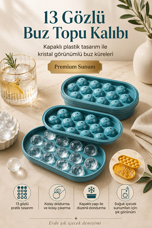 13-Cavity Crystal Ice Ball Mold with Lid, Round Sphere Ice Mold