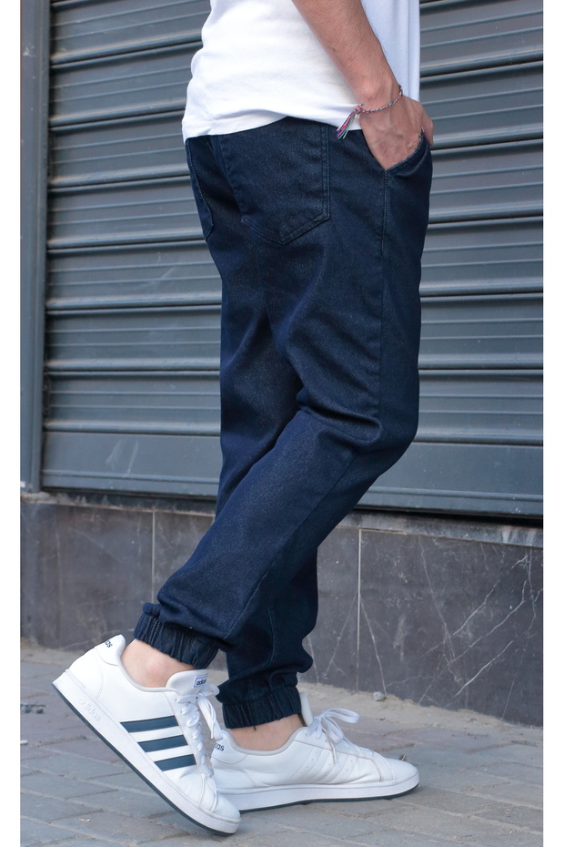 Men's Jogger Jeans – Navy Blue, Elastic Waist & Cuffs, Washed Denim