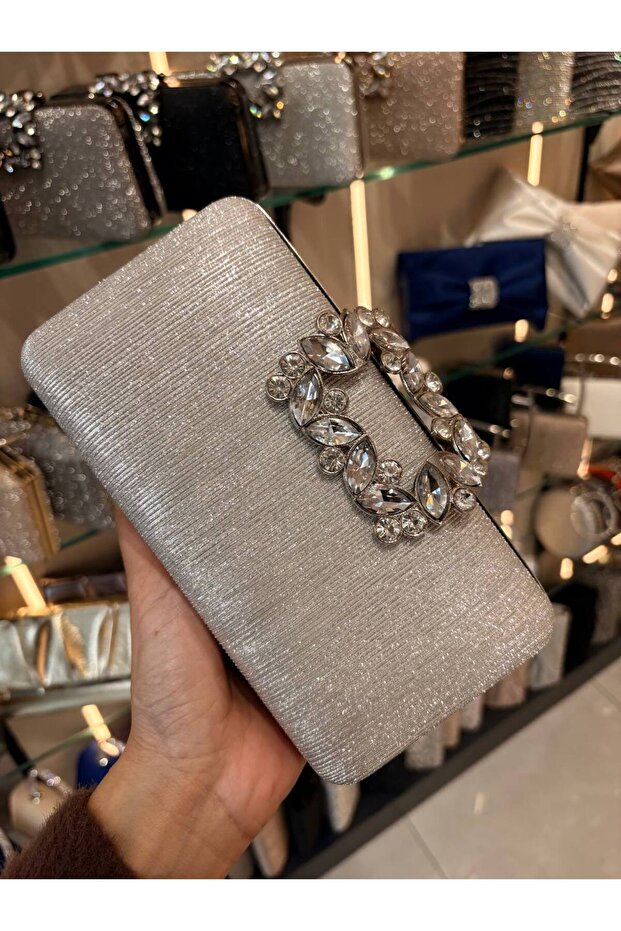 Women's Big Stone Look Silver Evening Dress Clutch Chain Strap Handheld Wedding Engagement Evening Shoulder Bag