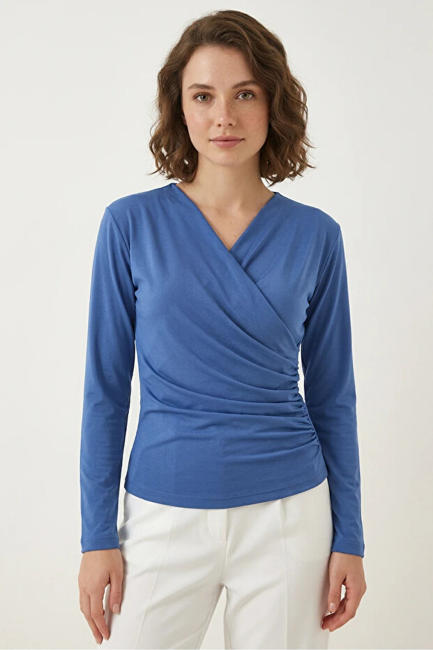 Women's Wrap Collar Draped Indigo Blouse