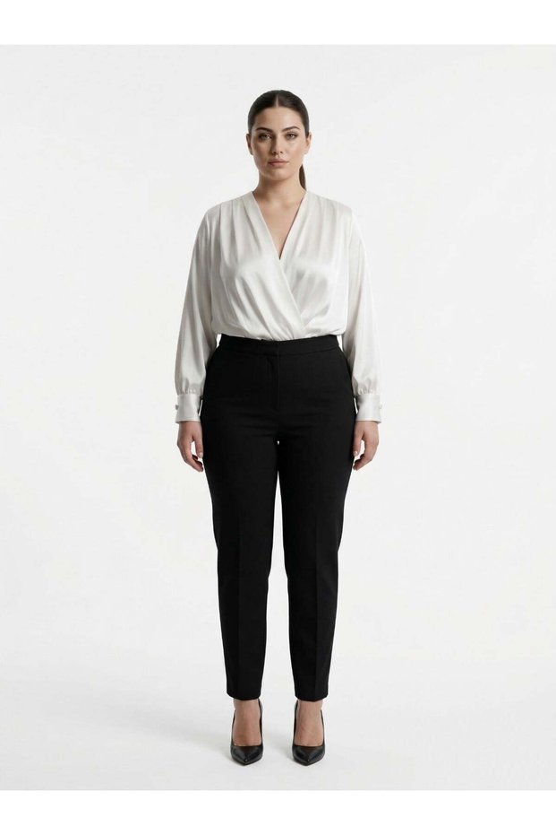 Apsen Women's Cream Double-Breasted Collar Satin Bodysuit with Snap Buttons at the Bottom 5189-65