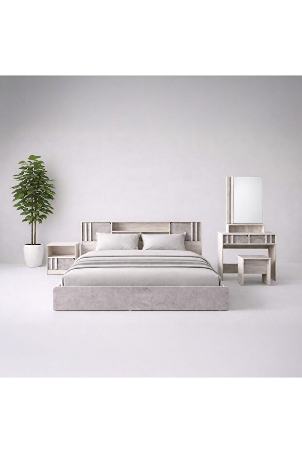 Kentorp 160X200 Queen Bed+1 Nightstand+Dresser/Mirror & Stool| Comfortable Bedset | Sturdy Modern Design Wooden Bedroom Set - Light Oak/Cement