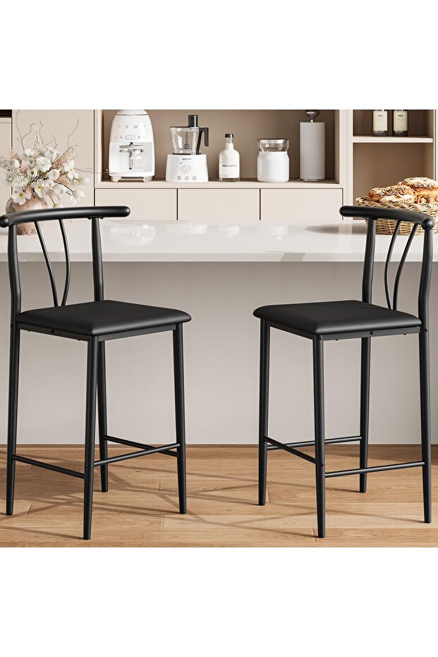 Bar Stools Set of 2 with Backrest and Footrest, Kitchen Barstool with Thick Cushion, 25 in Counter Height Black