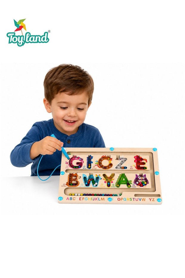 Magnetic Bead Maze Wooden Alphabet Learning Board with Magnetic Pen, Letter Recognition, Color Matching and Fine Motor Skills Activity for Kids