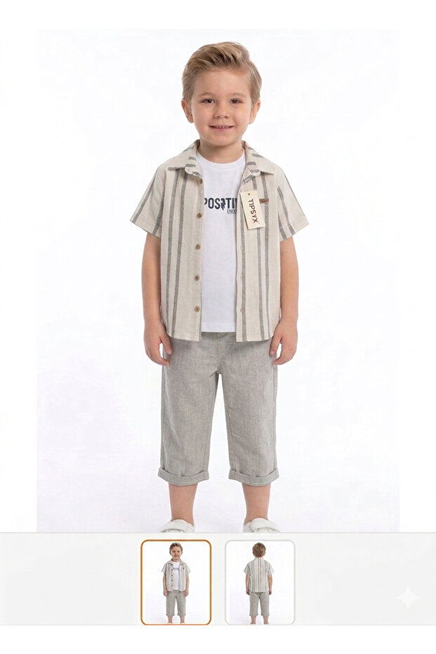 Boys' 3-Piece Summer Set: Striped Shirt, T-Shirt, and Capri Pants
