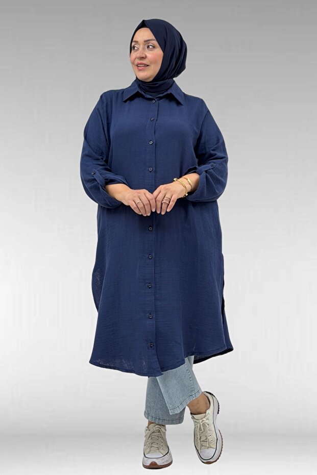 48058 Plus Size Buttoned Muslin Shirt - Navy Blue