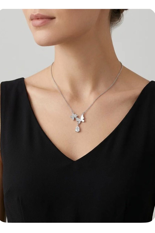 316L Steel Chain Silver Color Butterfly Detailed Women's Necklace
