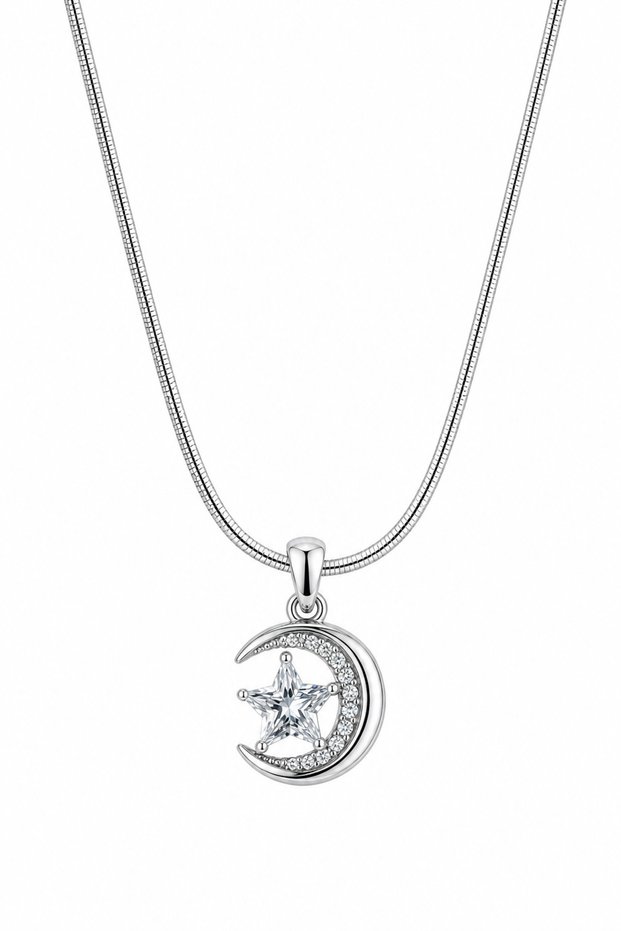 Women's Anti-Tarnish Steel Moon Star Necklace with Zircon Stone Snake Chain