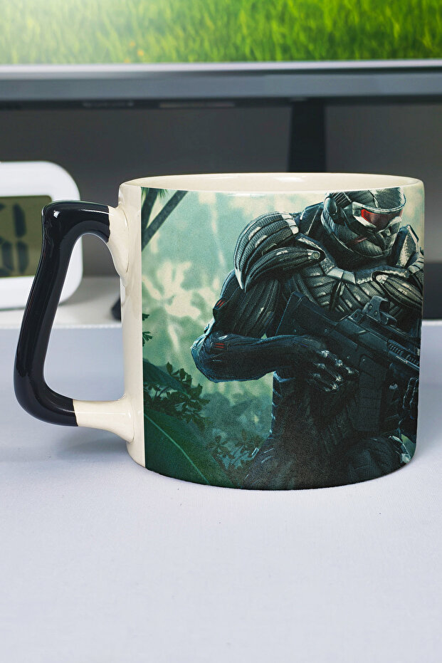 كوب سيراميك فاخر مطبوع عليه Crysis (قطعة واحدة) بمقبض أسود خاص بمقبض مموج V2D