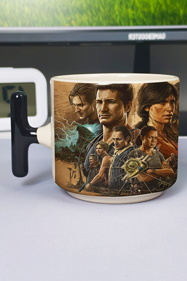 كوب سيراميك فاخر مطبوع من Uncharted (قطعة واحدة) بمقبض أسود خاص على شكل حرف T V5T
