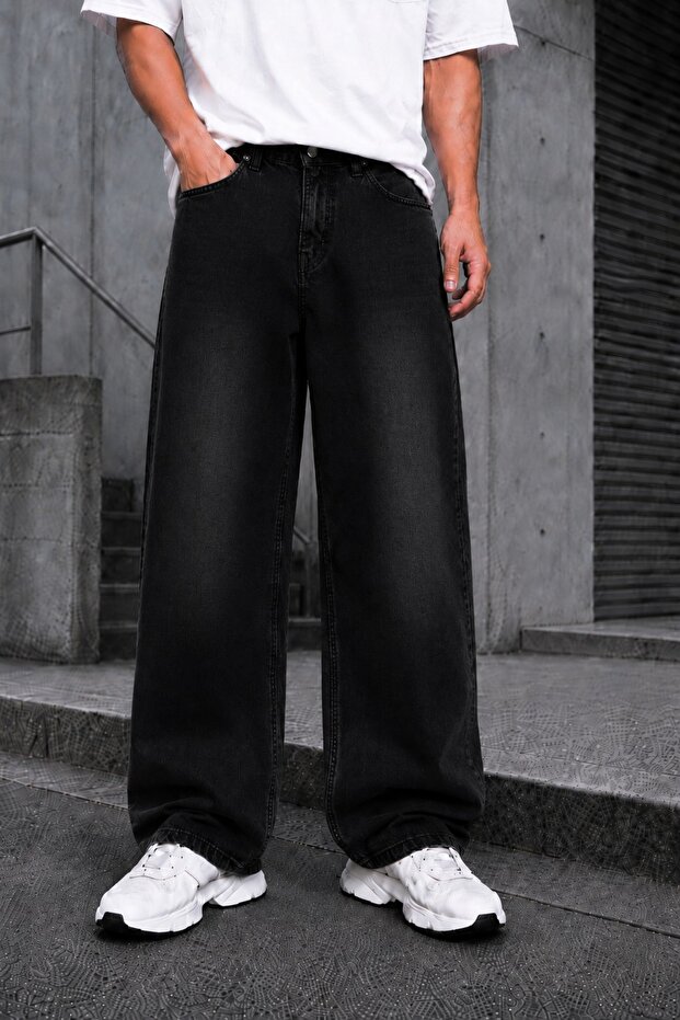 Men's Black Stonewashed Baggy Fit Wide Cut Jean Trousers