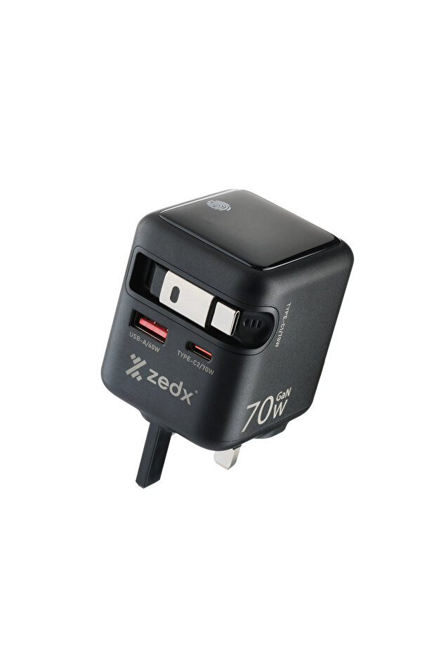 ZE-09 PowerCube70 70W GaN Wall Charger Adapter With Built-In Retractable Type-C Cable Black