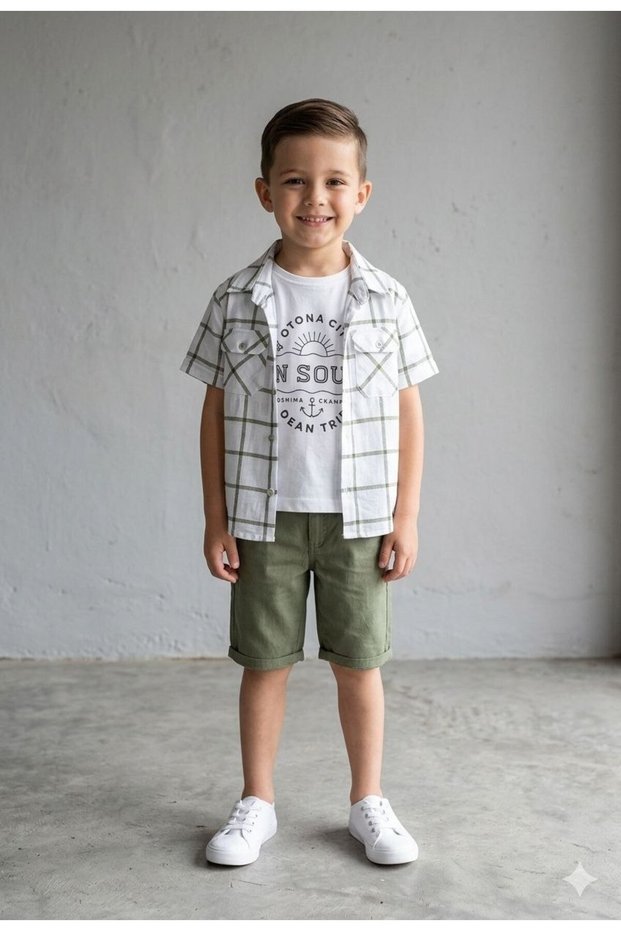 Boys' Plaid Striped Luxury/Stylish Shirt/T-Shirt/Shorts Set