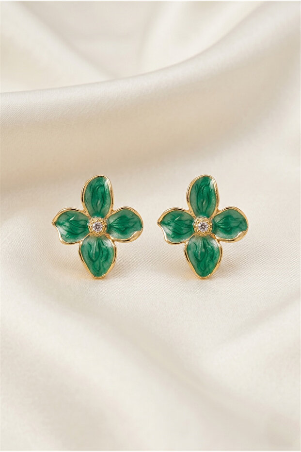 Green Enamel Flower Figured Gold Color Nail Earrings