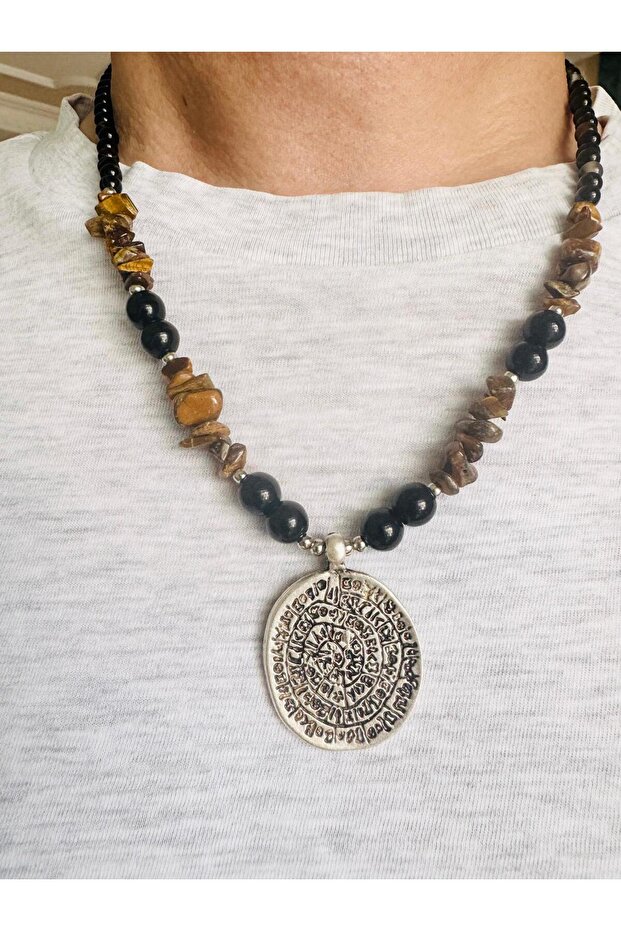Tiger's Eye and Agate Natural Stone Disc Necklace 55 cm