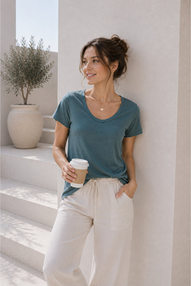 Women's Petrol 100% Organic Cotton V-Neck Basic T-Shirt