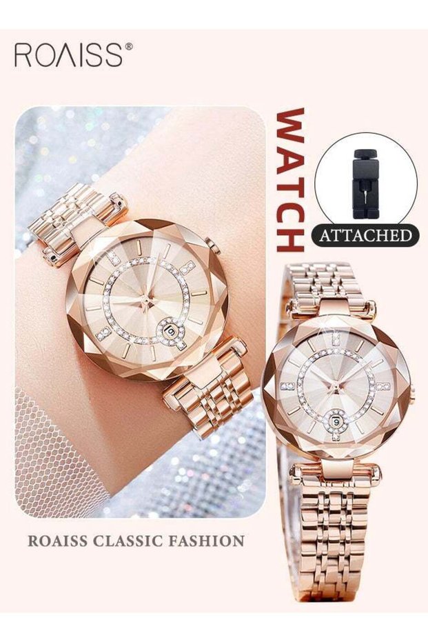 Women's Quartz Watch with Steel Strap Round Dial Zirconium Diamond Decoration Rhombus Cut Design Waterproof Luxurious Analog Wristwatch Gift for Ladies