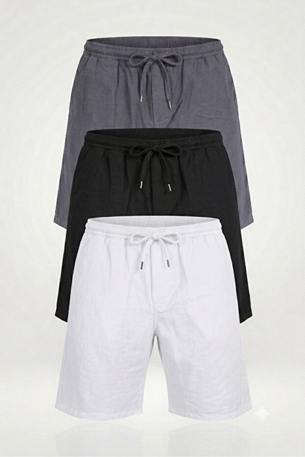 Men's 3-Piece Linen Shorts Set with Elastic Waistband