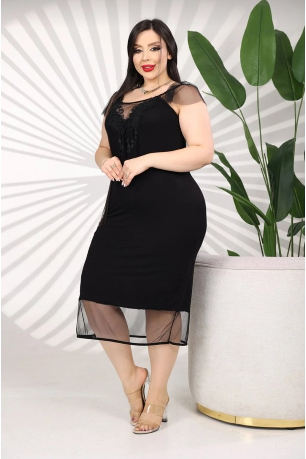 V-Neck Lace Embroidered Skirt Tulle Detailed Lace Appliqué Midi Length Plus Size Stretchy Dress