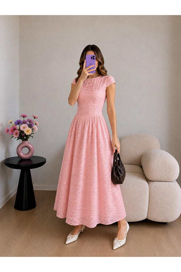 Scalloped Pleated Lace Long Dress