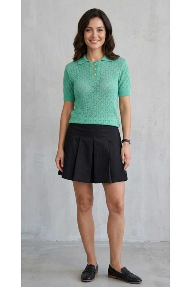 Women's Short-Sleeved Summer Hollowed-Out Stylish Acrylic Shirt Collar Buttoned T-Shirt