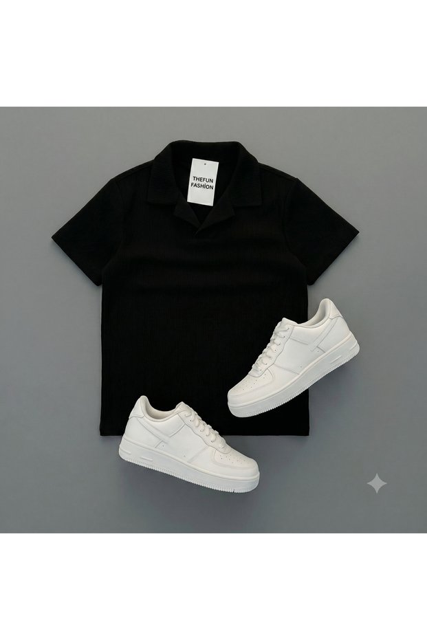 Men's Black Ribbed Ottoman Air-Permeable Polo Collar T-Shirt