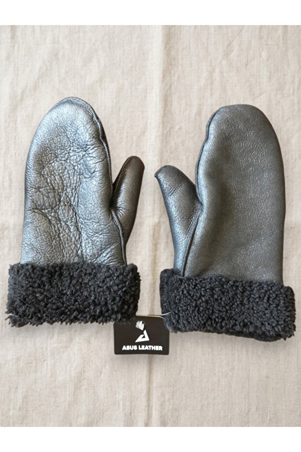 Genuine Lambskin Black Textured Curly Fur Gloves