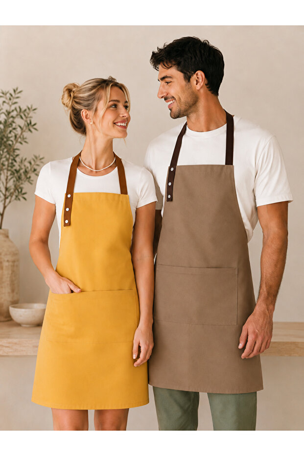 طقم مريلة مطبخ مكون من قطعتين، مقاوم للبقع، قماش طارد للماء، بدون نقوش، مريلة مطبخ مزدوجة عادية