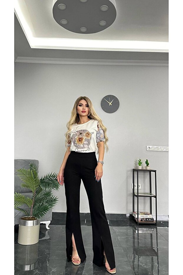 Patterned Top and Bottom Set with Slit Detail on the Sleeves and Legs