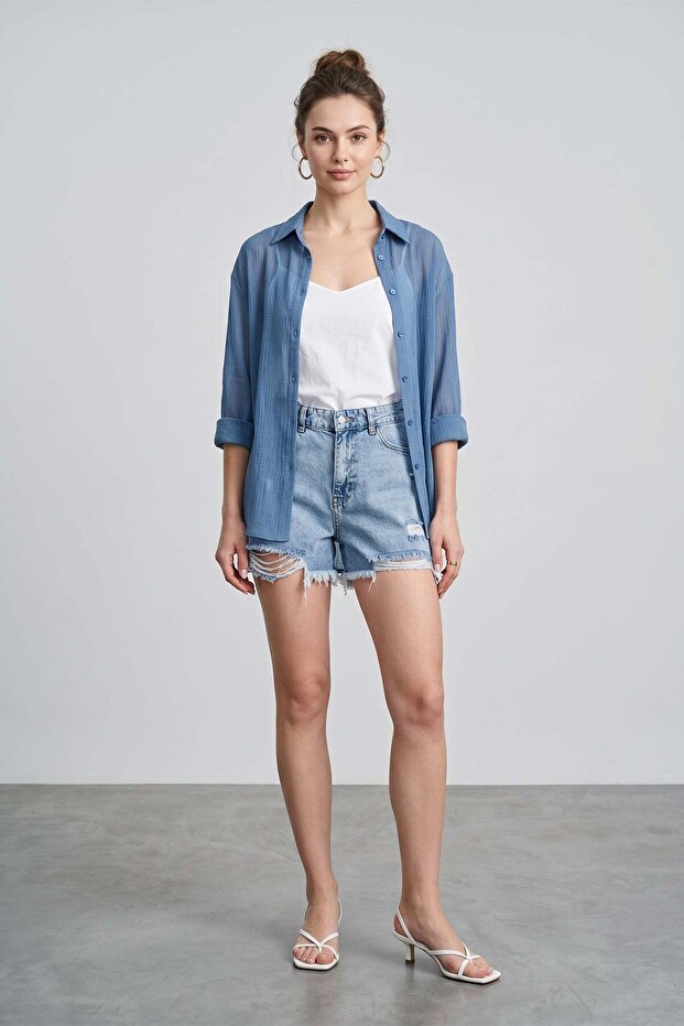 Ripped Detailed Tasseled Denim Shorts
