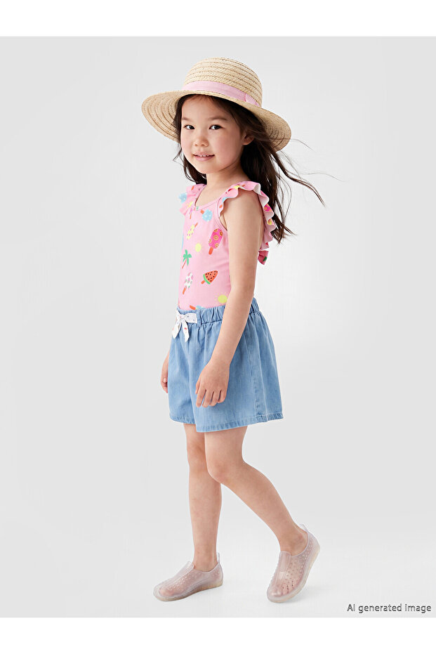Lcw Kids Pink Square Neck Printed Girls' Swimsuit