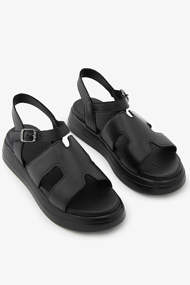 Black Genuine Leather H-Strap Casual Women's Sandals