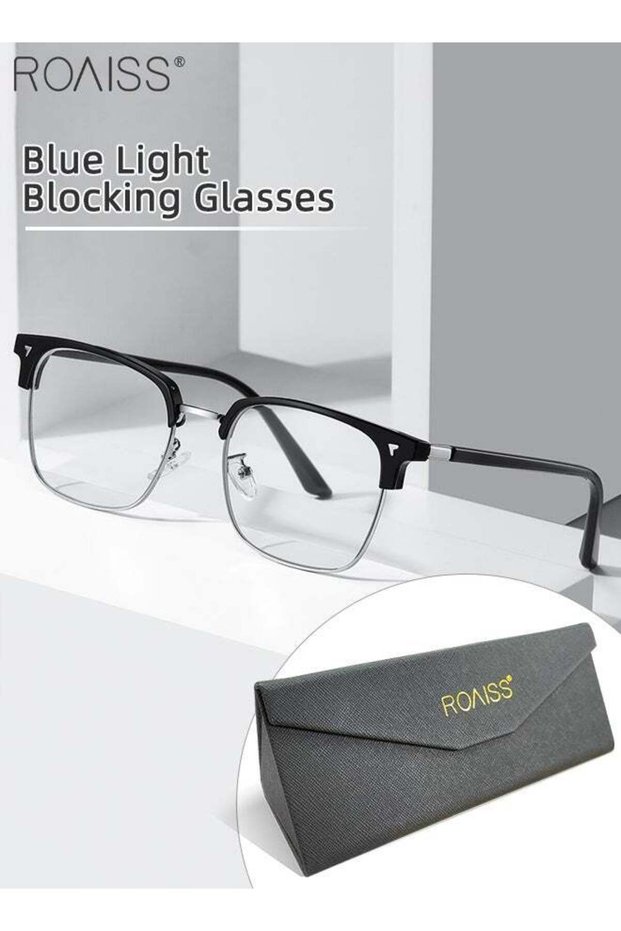 Blue Light Blocking Glasses Blue Light Filter Computer Reading Gaming TV Phones Browline Eyewear Fashion Anti Eyestrain Headache for Men Women Black Silver 52mm