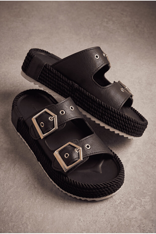 Women's Black Leather Comfortable Fit Rope Detailed Slippers