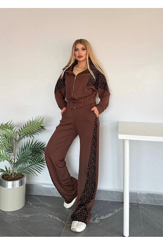 Leopard Detailed Zippered High Waist Stretchy Set