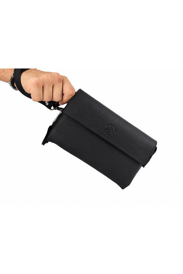 Men's Black Genuine Leather Zippered Multi-Compartment Handbag