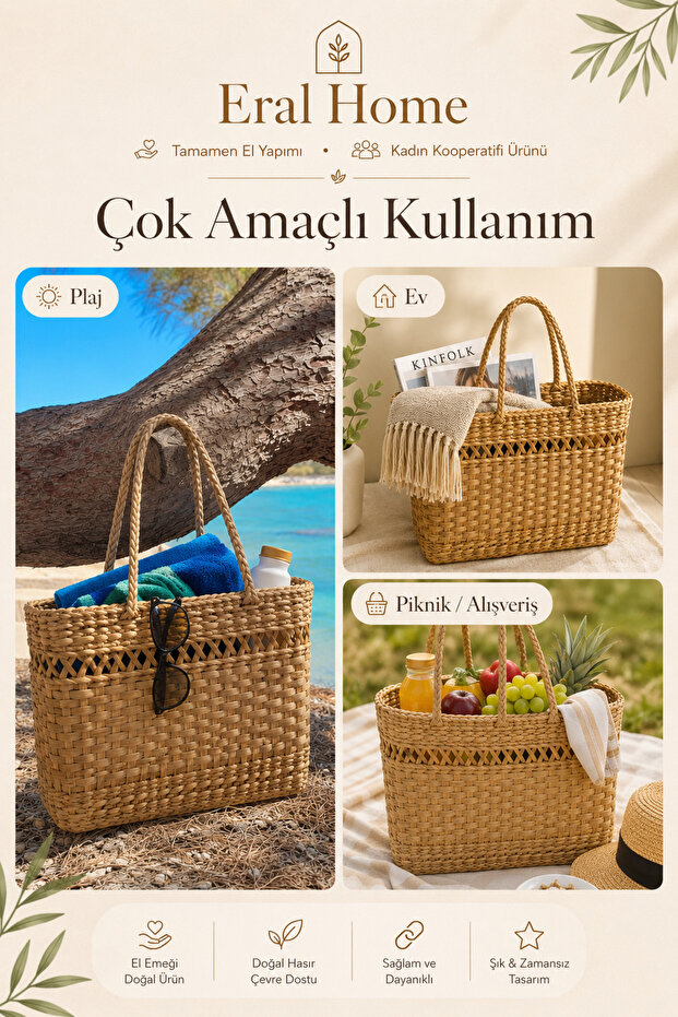 Wicker Handmade Multi-Purpose Bag for Picnic, Beach, Vacation, 30 X 34 X 11 cm
