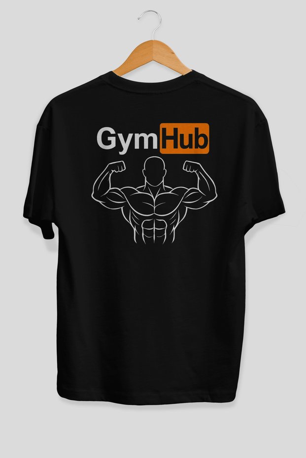 Gym Hub Oversize Back Printed Black T-Shirt 100% Cotton Streetwear Premium Comfortable Fit